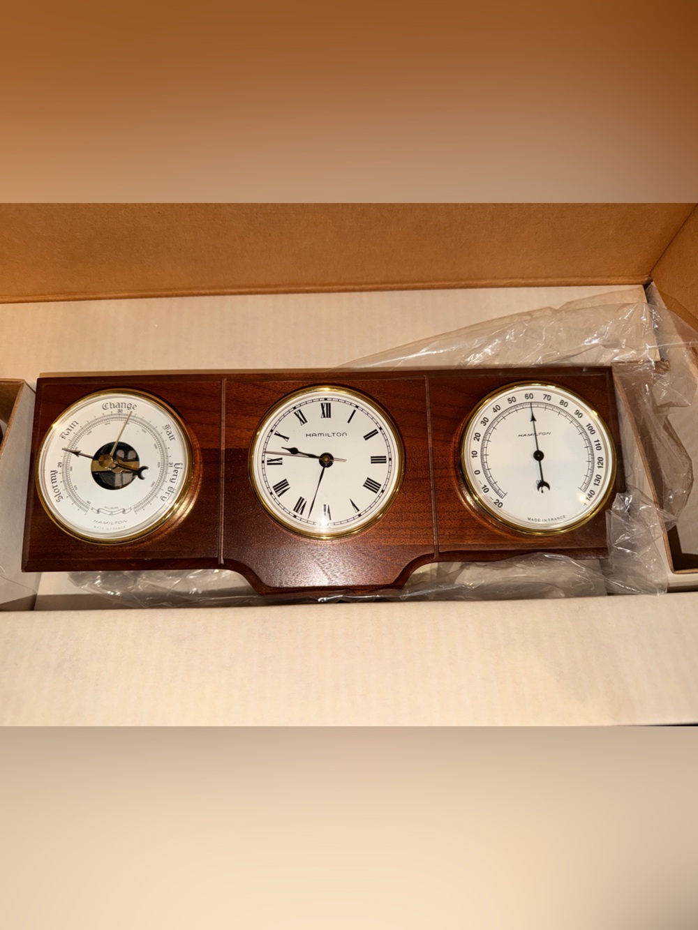 Hamilton Wood Wall Clock Trio in Brown and Gold Official Authentic
